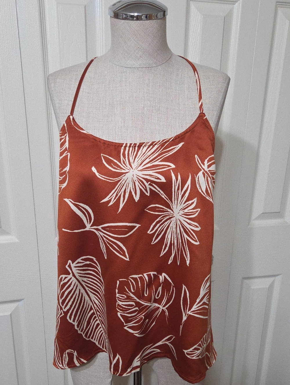 Forever 21 Rust Floral Satin Cami with White Print